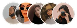 Five circular portraits of diverse individuals with various skin tones and styles on a white background.