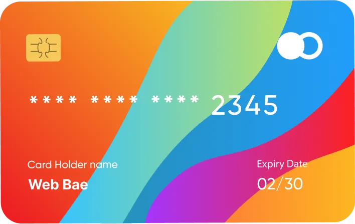 Colorful credit card with chip, partially masked number ending in 2345, cardholder name Web Bae, and expiry date 02/30.
