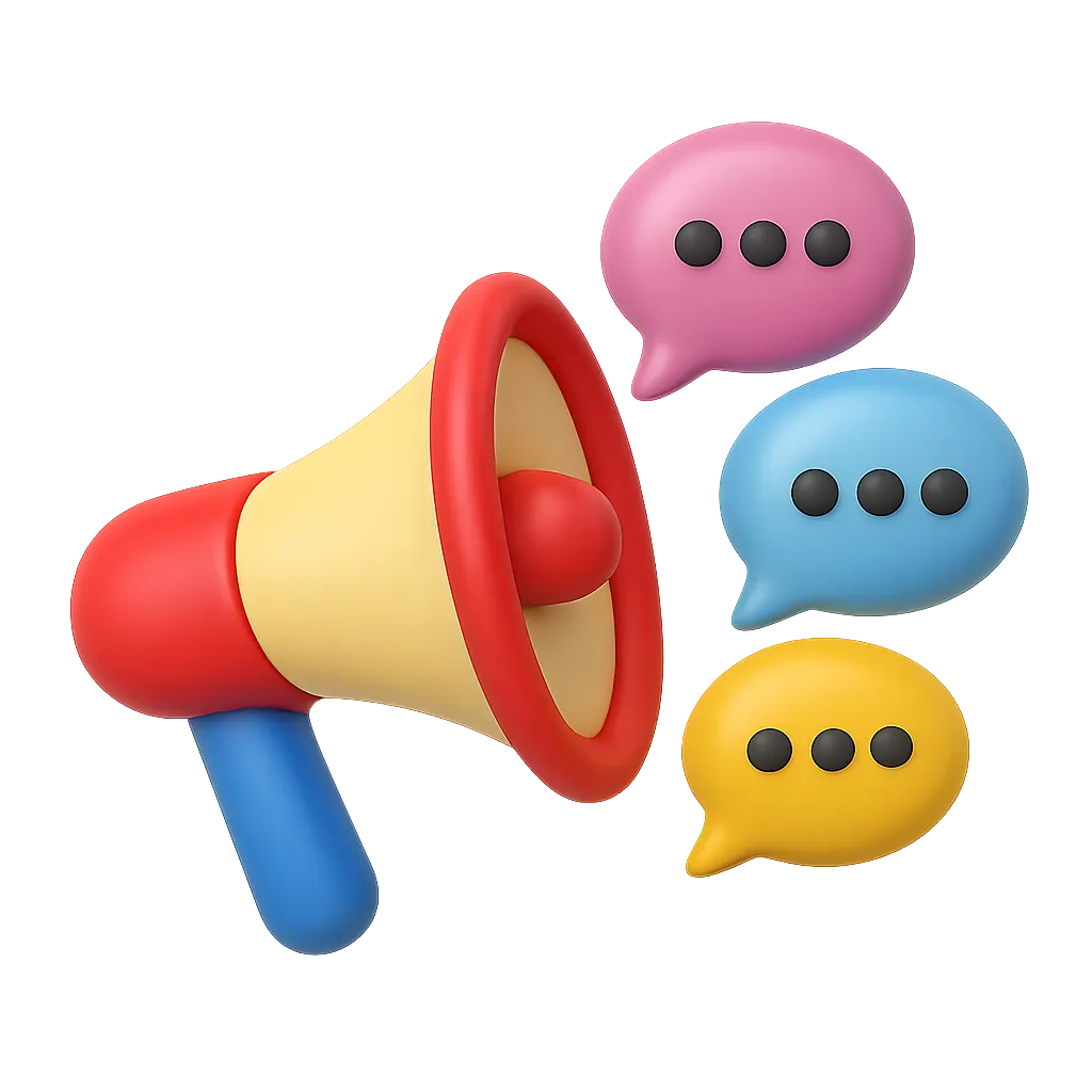 Colorful megaphone with three speech bubbles in pink, blue, and yellow, each containing three black dots.