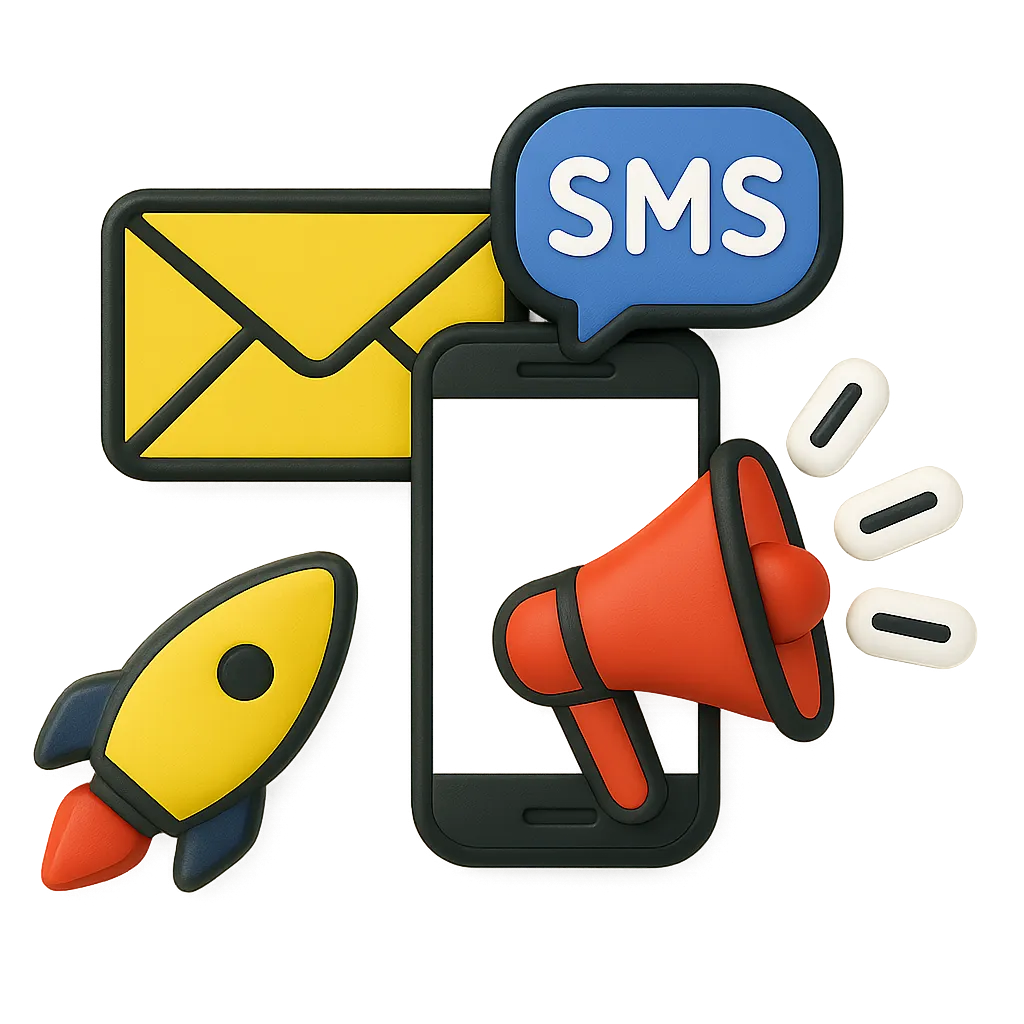 3D illustration of a smartphone with a blue SMS speech bubble, yellow envelope, red megaphone, and yellow rocket icons.