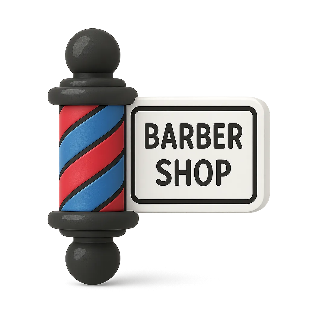 Classic barber pole with red and blue diagonal stripes next to a rectangular sign reading 'BARBER SHOP'.