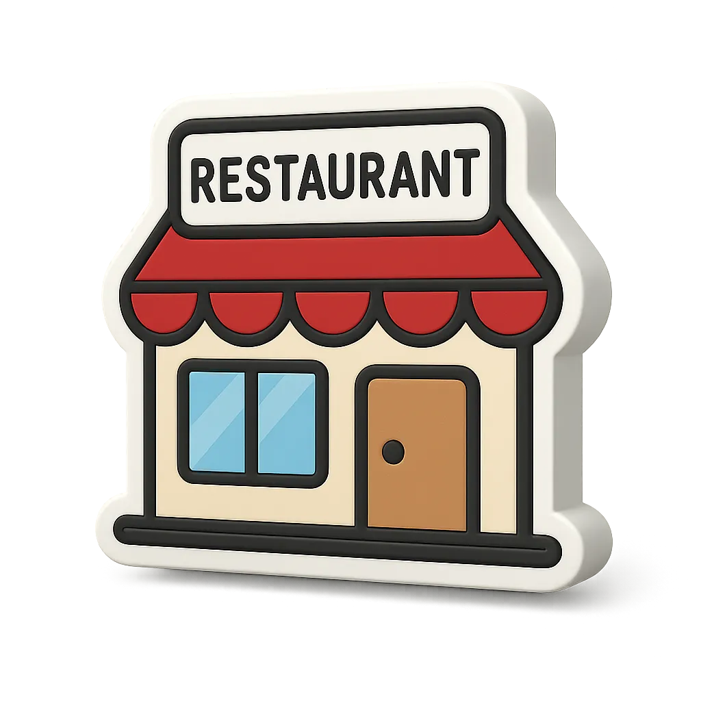 Illustration of a small restaurant building with a red awning, a brown door, and blue windows.
