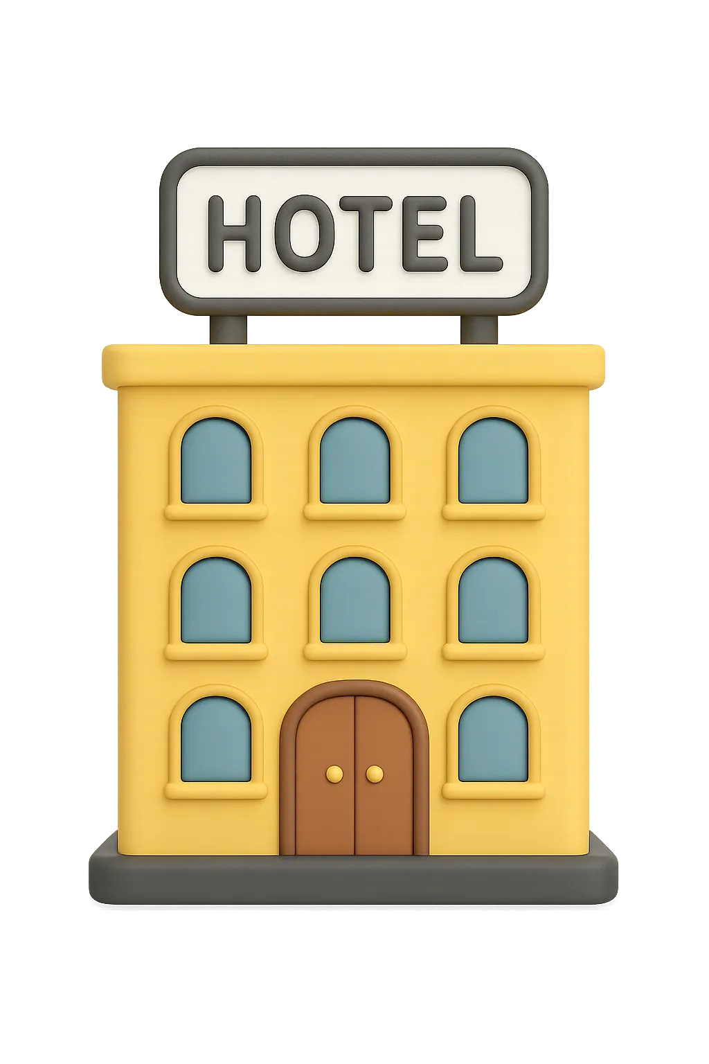 Yellow hotel building with six blue windows and a brown double door, topped by a white sign reading HOTEL.