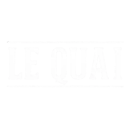 Text reading 'LE QUAI' in bold, white capital letters framed by thin white lines above and below on a black background.